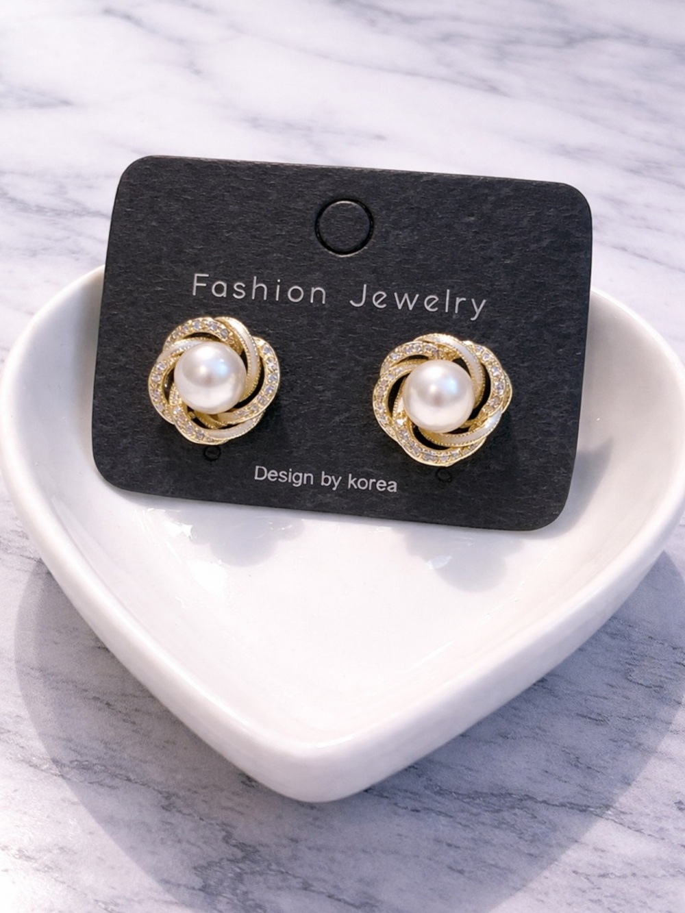 Gold Pearl Stud Earrings with CZ Halo | Elegant Knot Design - Picture 2 of 3